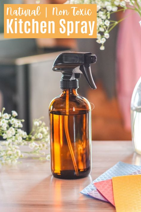 This is the BEST Natural, Non Toxic Kitchen Spray. This DIY Spray uses only 2 ingredients but cleans AMAZINGLY. We use this for everything! It's made with vinegar, distilled water - and optionally some essential oils. This spray is great for all kitchen surfaces (counters & appliances). It's an All Purpose Chemical Free Spray. Ditch & switch to this nontoxic version. Plus it's inexpensive and easy to make (takes 5 minutes). This post includes tips + links to the spray bottle. Smells good too! Diy Counter Spray, Non Toxic Kitchen, Homemade Kitchen Cleaner, Homemade Window Cleaner, Vinegar Cleaning Spray, Counter Spray, Diy Cleaning Spray, Window Cleaner Homemade, Counter Cleaner