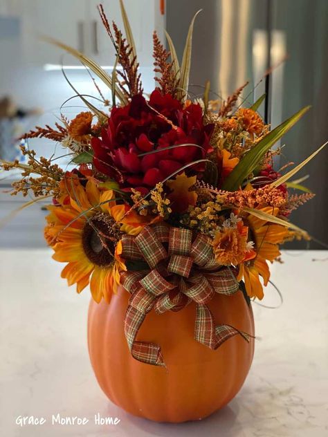 Discover 5 stunning DIY fall table arrangements to elevate your home decor! From a charming fall candelabra to an elegant pumpkin centerpiece, these DIY ideas are perfect for adding a touch of autumn magic to your table. Get inspired with easy, step-by-step instructions and create your own beautiful fall decorations. 🍂✨ #FallDecor #DIYFallArrangements #AutumnTableDecor #PumpkinDecor #FallVibes Fall Table Arrangements, Pumpkin Flower Arrangement, Grace Monroe, Flower Arrangement Diy, Fall Wreath Tutorial, Pumpkin Floral Arrangements, Fall Pumpkin Centerpieces, Fall Pumpkin Crafts, Pumpkin Arrangements