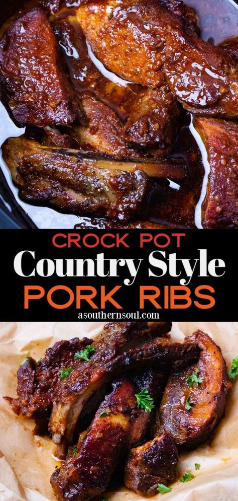 Slow-cooked country-style pork ribs are fall off the bone tender and juicy. Coated in a rich sauce flavored with garlic, honey, soy sauce, and chili powder, Crock Pot Country Style Pork Ribs are perfect for weeknight meals or weekend gatherings. Why head to your local BBQ joint when you can make delicious ribs at home! Country Style Pork Ribs Crock Pot, Crockpot Pork Ribs, Soccer Promposal, Country Pork Ribs, Boneless Pork Ribs, Country Style Pork Ribs, Crockpot Ribs, Slow Cooker Ribs, Pork Rib Recipes