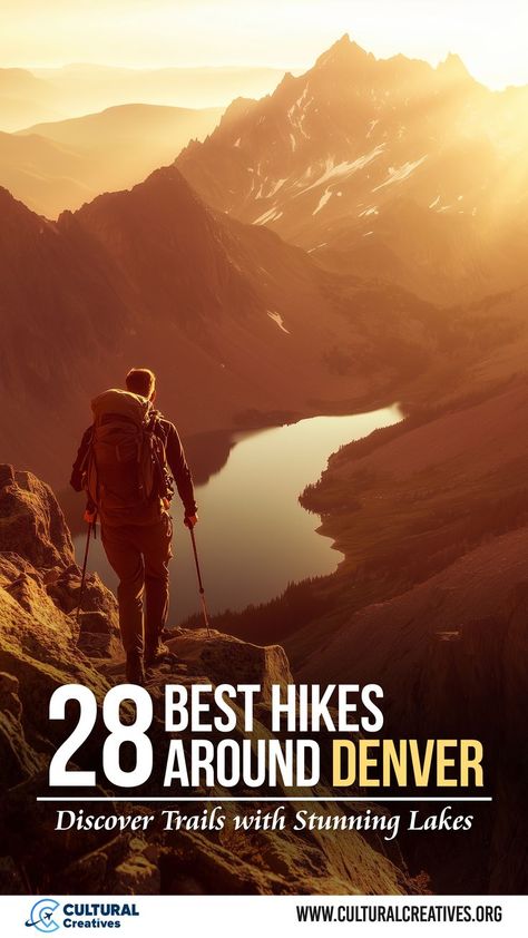 A hiker with a backpack overlooking a serene alpine lake surrounded by dramatic mountain peaks at sunrise, showcasing 28 best hikes around Denver to discover trails with stunning lakes. Hikes Near Denver, Colorado Hiking Trails, Cascade Waterfall, Colorado Vacation, Mountain Forest, Colorado Hiking, Table Mountain, Best Hikes, Denver Colorado