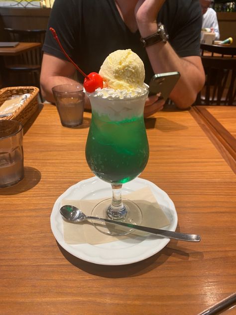 japanese dessert melon creme soda image at restaurant. Parfait, ice cream, melon soda, retro, japanese, Soda Float, Japan Drinks, Melon Cream Soda, Cream Soda Float, Japanese Melon Soda, Creme Soda, Japanese Cream Soda, Japanese Soda Can Aesthetic, Japan Drinks Aesthetic