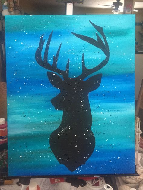 Deer silhouette on blue background with splatter. I did it!! Canvas Painting Quotes, Diy Canvas Art Easy, Shadow Painting, Background Painting, Deer Painting, Christmas Paintings On Canvas, Silhouette Painting, Easy Canvas, Simple Canvas Paintings