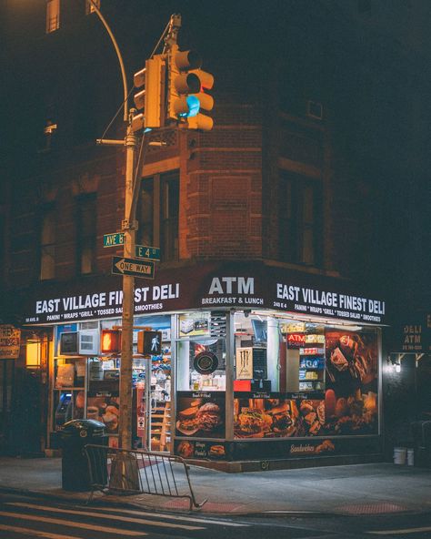 East Village Finest Deli at night, in Manhattan, New York City Village At Night, New York Deli, Rail Transport, Hotel Motel, White Car, Posters Framed, City Car, Manhattan New York, East Village