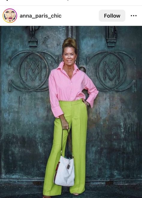 Green Trousers Outfit, Silk Top Outfit, Lime Green Outfits, Neon Green Outfits, Green Outfits For Women, Stylish Outfits For Women Over 50, Color Combos Outfit, Color Blocking Outfits, Color Combinations For Clothes