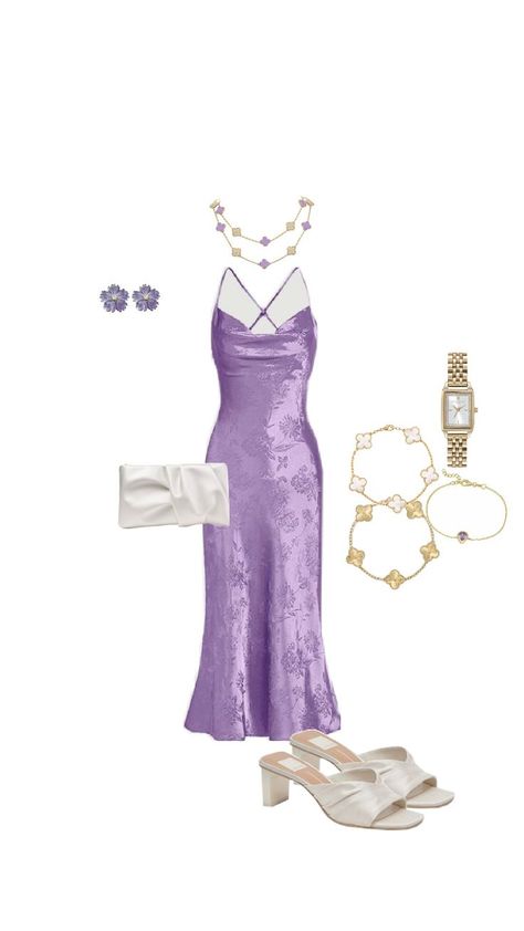 purple silk dress, gold jewellery, white heels Dior Slip Dress, White Heels Outfit, Purple Silk Dress, Heels Outfits, Dress Gold, Purple Silk, White Heels, Purple And White, Gold Jewellery