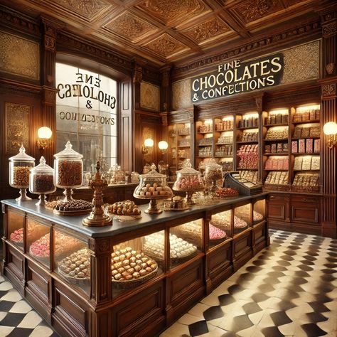 Chocolate Store Design Interiors, Chocolatier Shop, Chocolate Store Design, Chocolate Display, Chocolate Store, Candy Room, Chocolate Boutique, Cafe Logo Design, Bakery Store