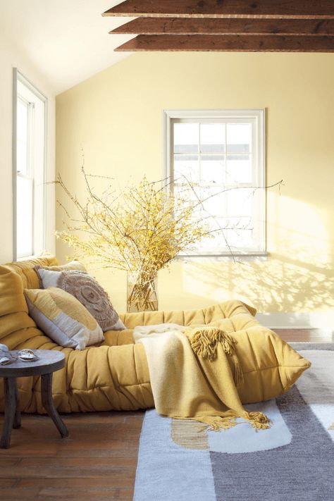 Benjamin Moore Colour of the Year 2022 - Claire Jefford Moonlight Benjamin Moore, Yellow Painted Rooms Bedrooms, Light Yellow Walls Bedroom Ideas, Pale Yellow Accent Wall, Pale Moon Benjamin Moore, Benjamin Moore Yellow Paint Colors, Pale Yellow Bedroom, Yellow Accent Wall, Wooden Rafters