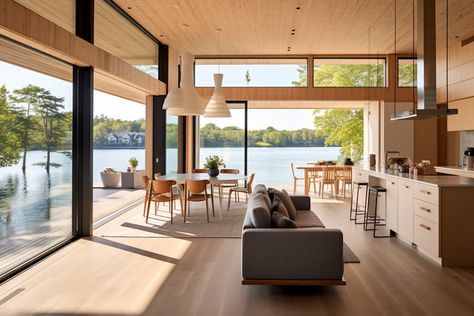 Scandinavian Modern lake house design minimalistic wood, clean lines, tranquil lakeside Lake House Windows, Lake House Design, Lake House Interior, Modern Lake House, Natural Living Room, Lake House Plans, Lake House Decor, House Interiors, House Windows