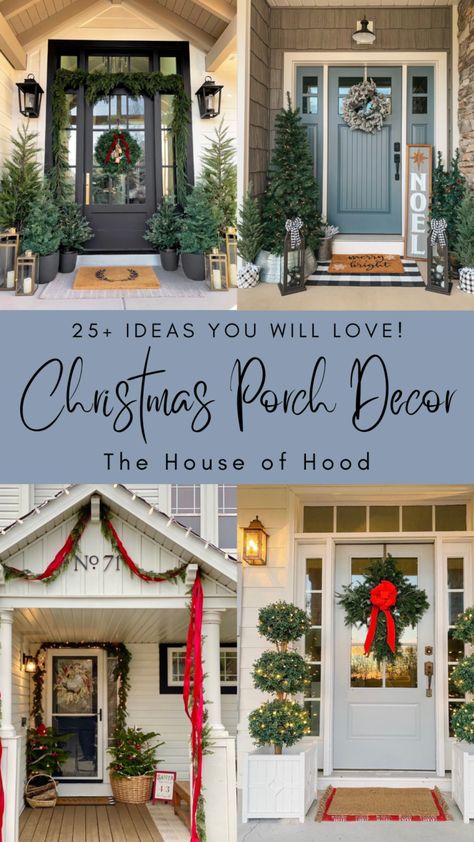 Front Porch Christmas Decor Columns, Christmas Garland Front Porch, Xmas Front Porch Ideas, Garland Front Porch, Porch Nutcracker, Porch Christmas Lights, Decorating Your Front Porch, Porch Garland, Christmas Urns