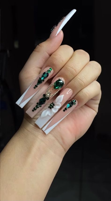 Long XL nails, green nails, v french tip nails, nail charms, acrylic nail flowers, bling nails, summer nails, rhinestone nails, ombre nails, graduation nails, black girl nails, nail inspo, cute nails, nude nails, simple nails Nails V French Tip, Hunter Green Acrylic Nails, Graduation Nails Black, Acrylic Nail Flowers, V French Tip Nails, Hispanic Nails, V French Tip, Nails Graduation, Sweet 16 Nails