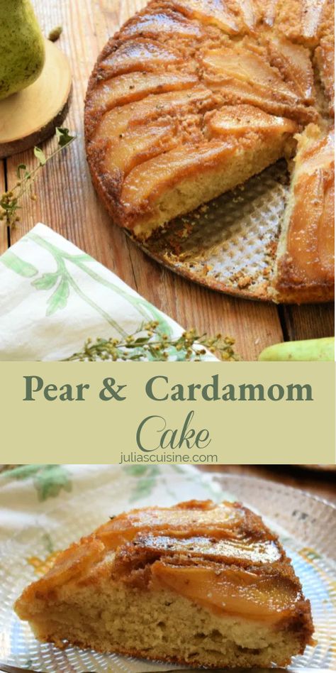 This Pear & Cardamom Cake is one that's sure to impress. With the subtle flavour of cardamom and topped with caramelized pears, it's one to save in favourites. Make it for your next weekend brunch! #cake #baking #cakerecipes Pear Topping, Upside Down Pear Cake, Cardomom Recipes, Pear Cardamom, Caramelized Pear, Dessert For Fall, Cardamom Recipe, Pear And Almond Cake, Cardamom Cake