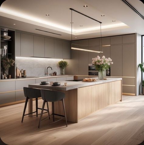 Luxury Kitchen With Island, Kitchen Island Contemporary Design, Kitchen Island Luxury Modern, Modern Kitchen Cappucino, Big Kitchen Aesthetic Modern, Realistic Modern Kitchen Bloxburg, Kitchen Island Modern, U Shaped Kitchen With Island, Luxury Kitchen Island