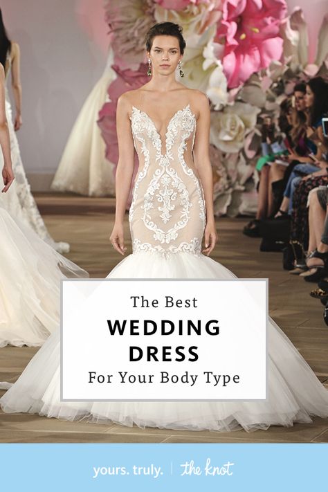 The Best Wedding Dress For Your Body Type Best Wedding Dresses For Tall Brides, Wedding Dress For Straight Body Type, Wedding Dress For Broad Shoulders, Wedding Dresses For Broad Shoulders, Dresses For Broad Shoulders, Wedding Dress Body Type, Flattering Wedding Dress, Fitted Lace Wedding Dress, Fitted Wedding Gown