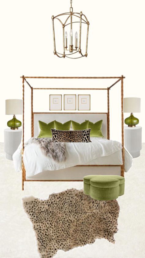 Leopard Accent Bedroom, Green And Animal Print Bedroom, Modern City Bedroom, Cheetah Room Ideas, Green And Leopard Bedroom, Leopard Room Ideas Bedrooms, Cheetah Print Bedroom Ideas, Cheetah Bedroom Ideas, Neutral Glam Bedroom