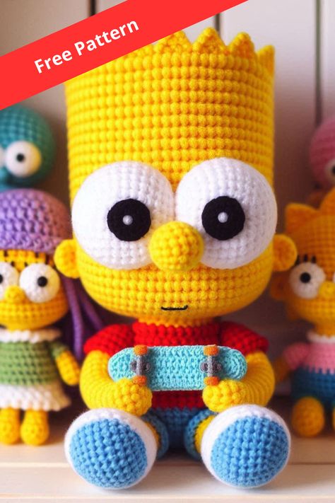 Crochet your own Bart Simpson amigurumi with this complete and detailed pattern. Perfect for fans of "The Simpsons" and crochet enthusiasts! Simpsons Crochet Free Pattern, Bart Simpson Crochet Free Pattern, Crochet Bart Simpson, Crochet Crash Bandicoot, Simpsons Crochet, Elmo Crochet, Crochet Spongebob, Disney Crochet Pattern, Knitting Patterns Free Dog