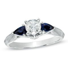 1/2 CT. T.W. Diamond and Pear-Shaped Sapphire Three Stone Ring in 14K White Gold Engagement Rings Three Stone, 3 Stone Diamond Ring, Three Stone Ring, Sapphire Engagement Ring Blue, Sparkling Rings, Anniversary Jewelry, Round Diamond Engagement Rings, Three Stone Engagement Rings, Blue Zircon