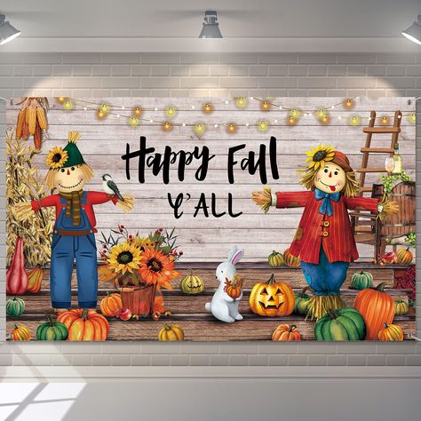 PRICES MAY VARY. Cute cartoon design: Our happy fall y'all banner features a theme of fall harvest, patterned with large scarecrow, rabbit, sunflower and pumpkins; Printed with words Happy Fall, childlike and unique, great decoration for you fall holiday party to welcome fall and celebrate the great harvest Extra large size: the hanging fall autumn thanksgiving banner is 72.8 inch (Length) x 43.3 inch (Width); The large letter makes it easy to seen from a distance and attracts the attention of g Harvest Photography, Party Decorations Outdoor, Thanksgiving Decorations Outdoor, Outdoor Fall Decor Ideas, Thanksgiving Party Decorations, Fall Backdrops, Thanksgiving Banner, Thanksgiving Party, Fall Outdoor Decor