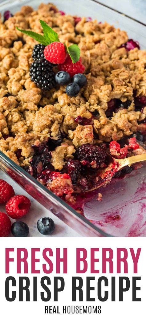 Fresh Berry Crisp is a beautiful and easy-to-make dessert bursting with fresh raspberries, blackberries, blueberries, and sweet oat topping! #Realhousemoms #freshberry #berrycrisp #raspberries #blackberries #blueberries #oats #dessert #potluck #summertime #memorialday #4thofjuly Berry Crisp With Fresh Berries, Blueberry Raspberry Crisp, Fresh Berry Dessert Recipes, Raspberry And Blackberry Recipes, Triple Berry Cobbler With Frozen Berries, Recipes Using Fresh Blackberries, Easy Blackberry Dessert, Raspberry And Blueberry Recipes, Blackberries Recipes Easy