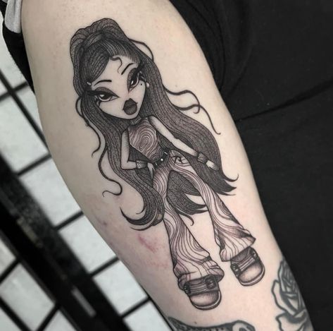 Brats Tattoo, Bratz Tattoo, Cute Thigh Tattoos, Doll Tattoo, Tasteful Tattoos, Leg Tattoos Women, Tattoo Style Drawings, Cute Tattoos For Women, Elegant Tattoos