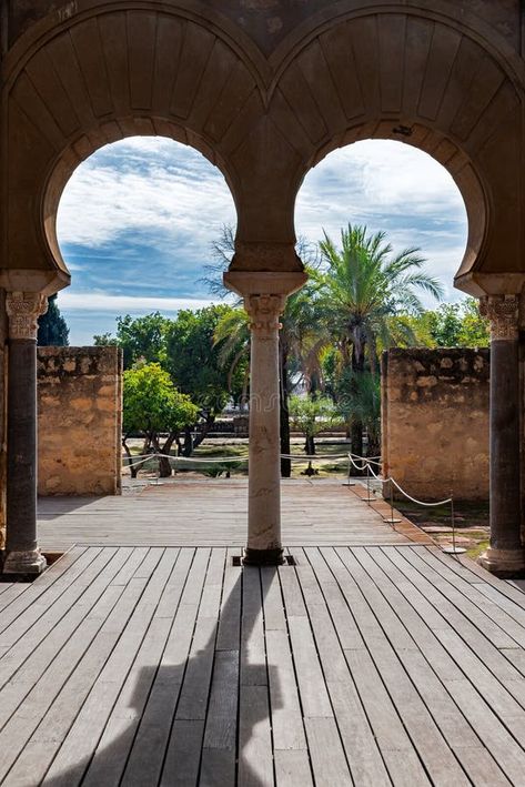 Door with horseshoe arches on pillars in the palatine city of Madinat al-Zahra, in Spanish Medina Azahara, from the inside with royalty free stock p Inside Door, In Spanish, Monument, Arch, Royalty, Royalty Free, Stock Images, Horses, Travel