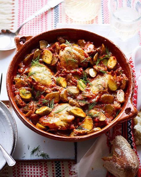 Romanian chicken and gherkin stew recipe | delicious. magazine Romanian Dinner Recipes, Duck Rabbit, Culinary Food, International Dishes, Yummy Chicken, European Cuisine, German Recipes, Delicious Magazine, Romanian Food