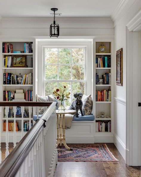 Patrick Ahearn Architect LLC on Instagram: “At the top of a stair, built-ins and a window seat provide a character-filled place to store books, display a collection, or steal a quiet…” Colonial House Interior, New England Colonial, Colonial Interior, Traditional Interior Design, New England Homes, Traditional Interior, Colonial House, House Interior Decor, Book Shelf