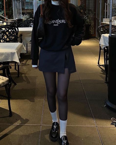 Mini Black Dress Outfit Winter, Black Daily Outfits, Gray Socks Outfit, Spring In Korea Outfit, Short Skirt Outfits Winter, Blue Skirt Outfit, Long Sleeves Outfit, Skirt Outfit Aesthetic, Turtle Neck Outfit