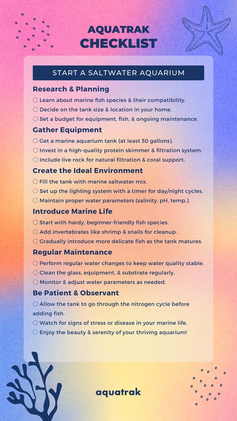 🫧 Aquatrak Checklist 🐠🌊 How to Start a Marine/Saltwater Aquarium 🌊🐠 ○ Research & Planning 🔍📝 ○ Gather Equipment 🛠️🎣 ○ Create the Ideal Environment 🌊💡 ○ Introduce Marine Life 🐟🦐 ○ Regular Maintenance 🧹🌡️ ○ Be Patient and Observant 🕰️👀 Click to learn more! #Aquatrak #AquatrakChecklist #MarineAquarium #SaltwaterAquarium #Fishkeeping #AquariumTips #FishTank #MarineLife #AquariumGuide #AquariumBeginner #AquariumEnthusiast #iOSApp #MobileAppDevelopment #Infographic #FishTankTips Beginner Aquarium, Saltwater Tank Setup, Saltwater Aquarium Beginner, Coral Fish Tank, Aquarium Substrate Layers, Neocaridina Shrimp Tank, Marine Aquarium, Saltwater Tank, Marine Fish