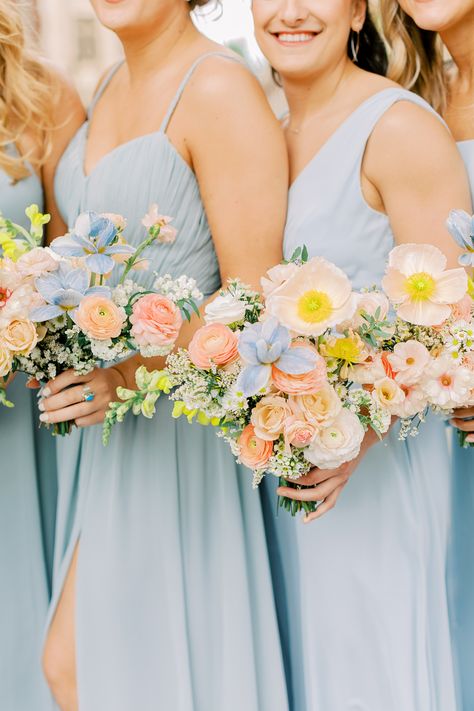 Petite Bouquets Bride Bouquets Spring, Small Table Bouquet, Pastel Bridesmaids Bouquet, August Wildflower Wedding, Simple Spring Wedding Bouquets, Blue Wildflower Wedding Theme, Small Spring Bridesmaid Bouquet, May Wedding Ideas Colors, Petite Bridesmaid Bouquet