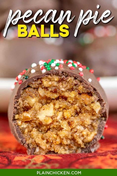 Pecan Balls Recipe, Candy Pecans, Pie Balls, Pecan Pie Balls, Pecan Balls, Pecan Halves, Pecan Pie Bites, Dessert Truffles, Plain Chicken