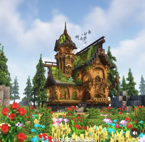 Cute Minecraft Hill House, Minecraft Cottage With Tower, Earthy Minecraft Builds, Minecraft House Moss Roof, Minecraft Parrot Sanctuary, Minecraft Barnhouse, Minecraft House Reference, Minecraft Flower Forest House, Biomes O Plenty House