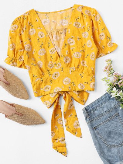 Blouses - Silk, Pink, Red, Blue & Long Sleeve Blouses | Romwe.com Dandelion Print, Fashion Tops Blouse, Trendy Fashion Tops, Trendy Blouses, Cute Blouses, Yellow Top, Blouse Patterns, Teen Fashion Outfits, Ladies Tops Fashion