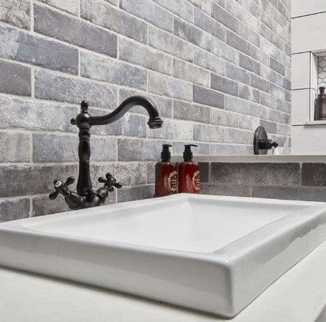 Grey Brick Backsplash, Glass Tiles Kitchen, Glass Tile Backsplash Kitchen, Brick Backsplash Kitchen, Porcelain Tile Bathroom, Backsplash Tile Design, Arizona Tile, Gray Porcelain Tile, Brick Look Tile