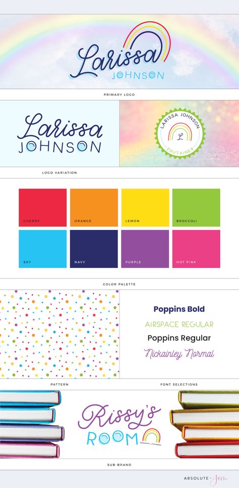 Rainbow Brand + Website for Larissa Johnson, Edutainer - Absolute JEM Rainbow Branding, Rainbow Website, Branding Checklist, Colorful Branding, Brand Website Design, Personal Branding Identity, Brand Boards, Showit Website Design, Bold Branding