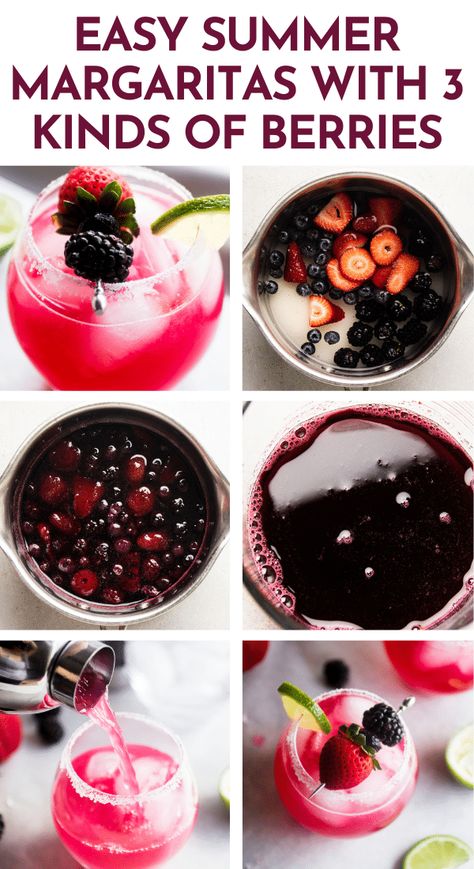 These easy triple berry margaritas are our favorite summer cocktails! Make a quick simple syrup with strawberries, blackberries, and blueberries (or other fruit!) Shake the syrup with fresh lime juice and tequila for a bright fruit margarita on the rocks, or blend with ice for a blended margarita. Save extra homemade berry syrup for other fun drinks or mixed drinks, or add some simple syrup to sparkling water for NA berry drinks! Margarita recipes are adult drinks for 21+. Berry Tequila Cocktail, Margarita Simple Syrup, Best Margarita Mix, Blended Margarita, Berry Margarita, Margarita Mix Recipe, Summer Margaritas, Fruit Shake, Berry Syrup