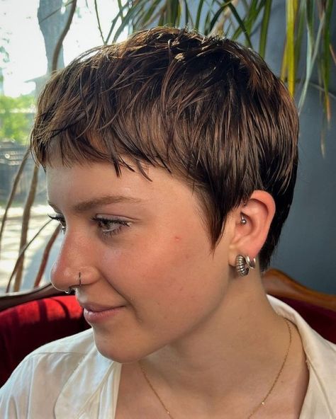 Cropped Womens Hair, Twiggy Pixie Haircut, Pixie Baby Bangs, Baby Bangs Pixie Cut, Buzzcut Growth, Short Bangs Pixie, Pixie With Baby Bangs, Pixie Thick Hair, Baby Bangs Short Hair