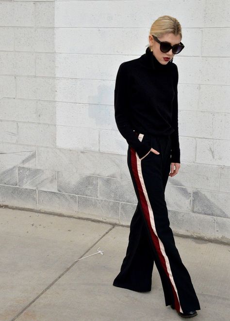 97d0145823aeb8ed80617be62e08bdccdesc50836478ri Black Side Stripe Pants Outfit, Track Pants Work Outfit, Dressy Track Pants Outfit, Wide Leg Side Stripe Trousers Outfit, Side Stripe Trousers Outfit, Track Pants Outfit Women, Sport Pants Outfit, Stripe Pants Outfit, Chicago Living