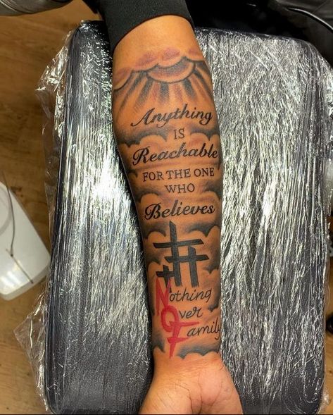 Tatoos Sleeves Man, Forearm Tattoos Men Family, Tuff Tattoos For Men Arm, Tattoo Ideas For Men Tree, Mark 9:23 Tattoo Men, Forearm Family Tattoo Men, Forearm Memorial Tattoos For Men, God Tattoos For Men Forearm, Christian Half Sleeve Tattoo Men