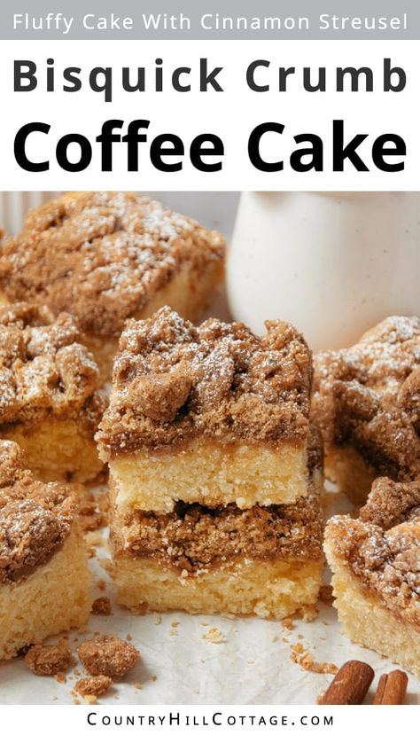 This moist Bisquick coffee cake is a quick and easy recipe you can put together in a pinch. Made with Bisquick baking mix, brown sugar, and butter, it takes just 20 minutes and 7 pantry staple ingredients to prepare this simple, soft and fluffy coffee crumb cake. You can whip it up whenever you’re in the mood for homemade cake. The Bisquick cinnamon streusel cake is perfect for breakfast, brunch and teatime, bring to a bake sale, but could also double as dessert. | CountryHillCottage.com Bisquick Sour Cream Coffee Cake, Bisquick Coffee Cake Recipe Sour Cream, Bisquick Recipes Dinner, Bisquick Coffee Cake, Bisquick Breakfast, Bisquick Coffee Cake Recipe, Bisquick Mix Recipe, Wild Recipes, Baked Snacks