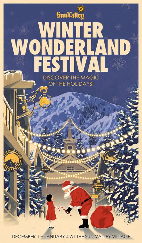 "Sun Valley Winter Wonderland" by Rui Ricardo. Xmas Prints, Random Posters, Uk Illustration, Vintage Ski Posters, Poster Christmas, Tourism Poster, Valley Village, Christmas Collage, 1 January