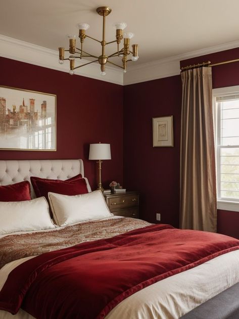 Create a stunning bedroom aesthetic with shades of red by incorporating a plush velvet comforter, complemented by vintage-inspired brass accents. Enhance the ambiance with a string of Edison lights and vibrant artwork. Burgundy Bedroom Ideas, Red Bedroom Ideas, Burgundy Room, Burgundy Bedroom, Edison Lights, Burgundy Living Room, Red Bedroom Decor, Velvet Comforter, Red Bedroom