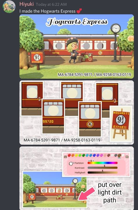 Hogwarts Express acnh custom design face cut-out standee code animal crossing https://discord.com/channels/747615824352903298/748792335055323147/823501817756778516 Animal Crossing Custom Design Harry Potter, Acnh Platform 9 3/4, Acnh Hogwarts Express, Animal Crossing Hogwarts Express, Animal Crossing Standee Codes, Acnh Island Designs Code, Animal Crossing Stage Design, Animal Crossing Hogwarts Design, Animal Crossing Standee Design