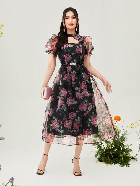 Multicolor Elegant Collar Short Sleeve Organza Floral,All Over Print A Line Embellished Non-Stretch  Women Clothing Floral Dress Organza, Georgette One Piece Dress Western, Black Floral Frock, Floral Organza Dress Western, Collar Frocks For Women, Organza Short Frocks For Women, Short Frock Designs For Women, Organza One Piece, Floral Frocks For Women