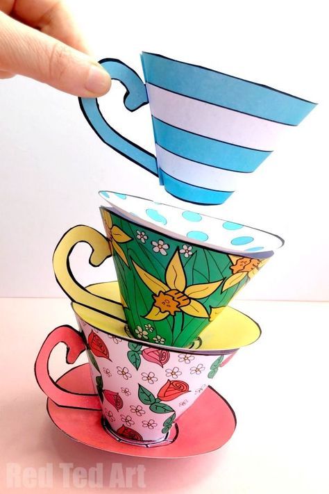 How to make a Paper Tea Cup for Mother's Day. Lovely Teacup Printables or Tea Cup Templates perfect for Mother's Day, Birthdays or Teacher Appreciation Day! Tea Party Crafts, Mothers Day Cards Craft, Paper Tea Cups, Fairy Tale Crafts, Red Ted Art, Tea Cup Design, Tea Crafts, Teacup Crafts, Mad Hatter Party