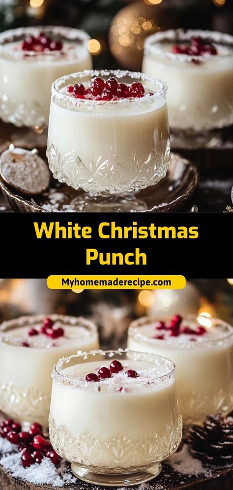 This white Christmas punch is festive, refreshing, and filled with holiday cheer. A delicious drink for the holidays! Ingredients: 2 cups pineapple juice 1 cup coconut milk 1 cup ginger ale Fresh cranberries for garnish Enjoy this punch as a light, fruity addition to your holiday celebrations Festive Beverages Holiday Drinks, Punch Containers Ideas, White Christmas Punch With Coconut Milk, Christmas Drink Presentation, Christmas Batch Cocktails Holiday Punch, Christmas Drink With White Cranberry Juice, White Cranberry Punch Non Alcoholic, Christmas Holiday Punch Non Alcoholic, White Cranberry Christmas Punch