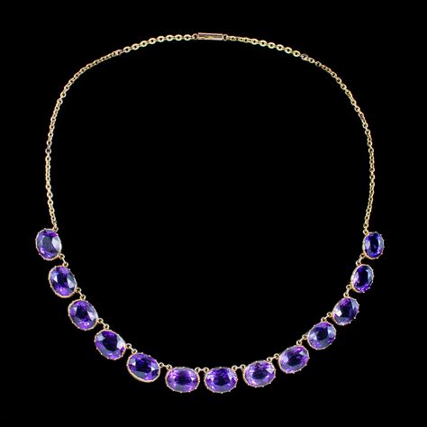 Victorian royalty 💜 A magnificent antique Victorian amethyst riviere choker necklace adorned with thirteen luxurious amethysts along the bottom with a regal, deep-purple hue. They graduate in size from 3 to 4ct and together total approx. 40ct. The amethysts are set in crimped, 15ct gold bezel links and join a 15ct cable chain, finished with a tube clasp. It’s a glamorous Victorian piece, all in excellent condition and dates to the late 19th Century. Get 30% off when you shop our Summer Sal... Victorian Royalty, British Crown Jewels, Edwardian Engagement Ring, No Code, Antique Necklace, Crown Jewels, Amethyst Necklace, Purple Hues, Memento Mori