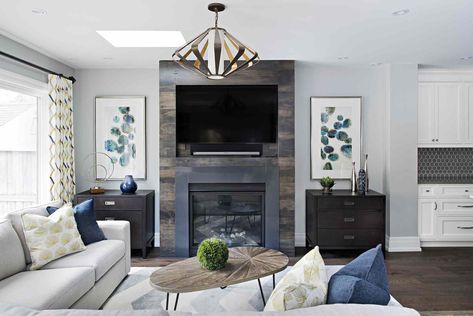 Art Over Couch, How To Decorate Around A Tv, Contemporary Fireplace Designs, Family Room Makeover, Fireplace Mantel Decor, Living Room Update, Contemporary Fireplace, Fireplace Remodel, Interior Design Company