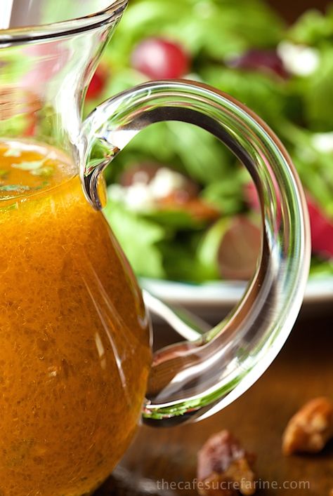 Pumpkin Maple Vinaigrette - An amazingly delicious, vibrantly-hued dressing that pairs well with so many ingredients. It's also spectacular in a simple salad of fresh greens. Maple Syrup Vinaigrette Dressing, Maple Dressing Vinaigrette, Pumpkin Maple Vinaigrette, Sweet Mustard Basil Vinaigrette, Maple Mustard Vinaigrette, Maple Vinaigrette, Healthy Dressing, Maple Pumpkin, Flavored Water Recipes