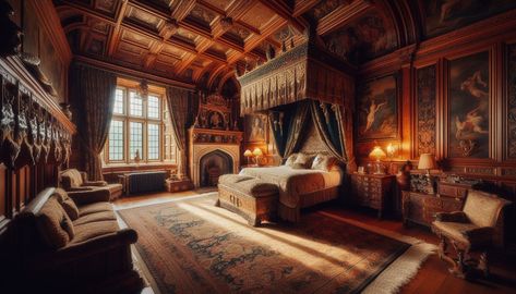 https://flic.kr/p/2pLGpjt | Lord Greystoke's Principal Bedchamber, Greystoke Manor | Presented is an all-time interior design masterpiece bedchamber within Greystoke Manor.  This image is part of the Greystoke Manor series, a breathtaking tour of my Copilot assisted creation of a Scottish historic stately house, complete with plush carpeting, tapestries, wainscotting, carved stone fireplaces, bookshelves of antiquarian tomes, and antique plush furniture all lit with ambient daylight streaming in through wood paneled windows. Scottish Manor House, Manor Interior Design, Paneled Windows, Carved Stone Fireplace, Manor Interior, English Country Manor, Places Illustration, Plush Furniture, Stone Fireplaces