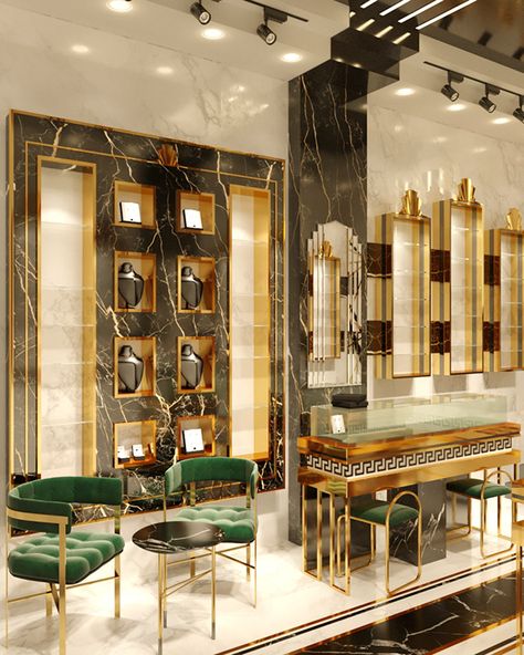 ART DECO JEWELLARY STORE on Behance Art Deco Home Bar, Art Deco Interior 1920s, Greek Style Home, Metal Interior Design, Interior Design Yellow, Modern Art Deco Interior, Modern Jewelry Store, Rolex Shop, Jewelry Store Interior